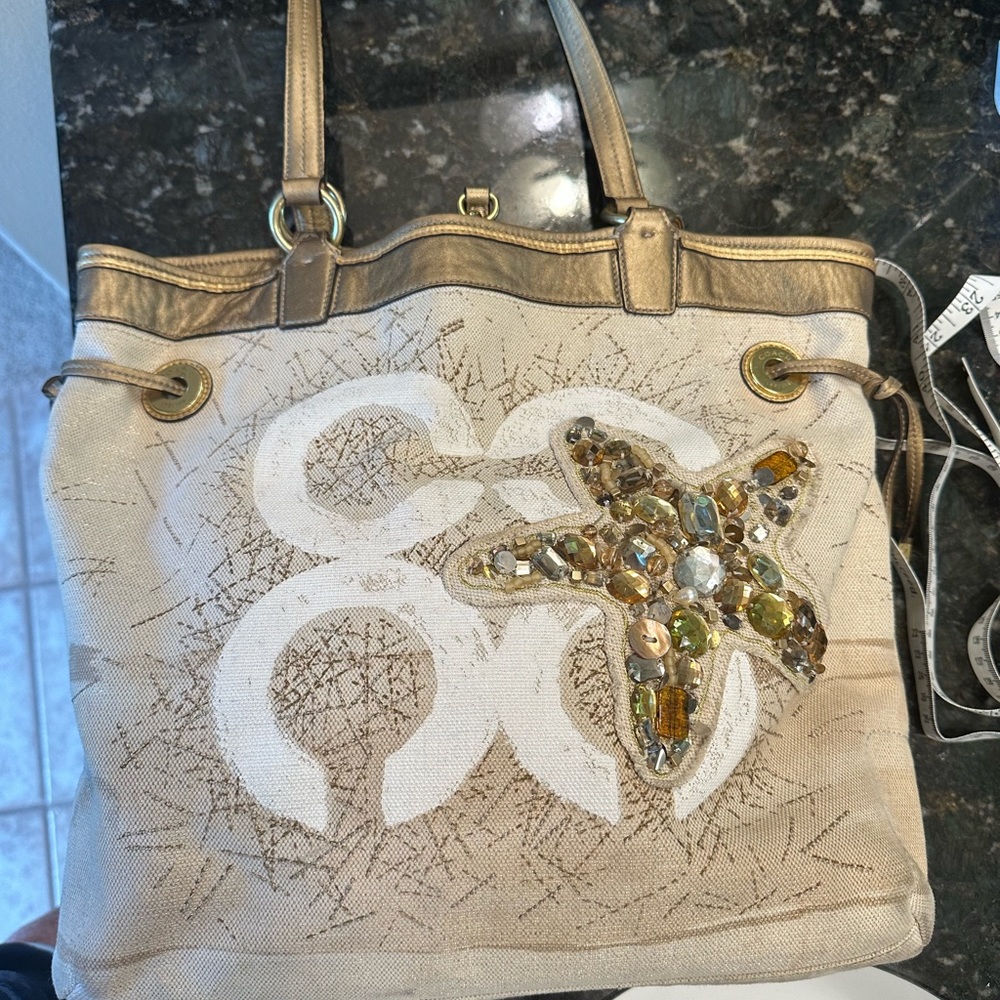 Coach Beige and Gold Tote with Star Embellishment